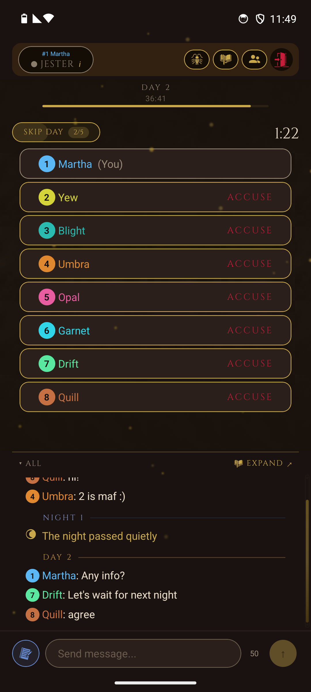 Live online game showing day phase with player list, voting, and chat