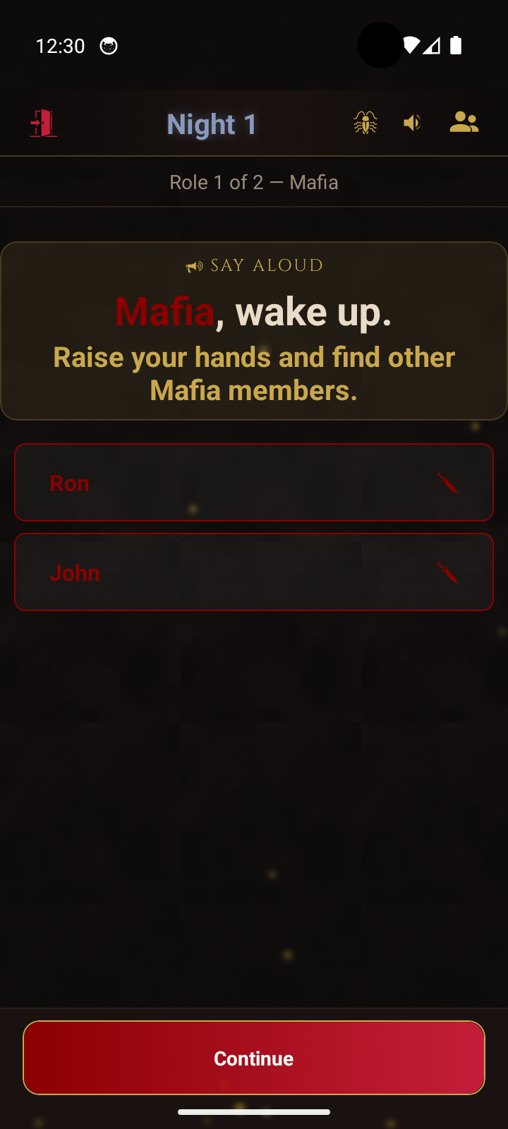 Moderator view - Mafia wake up prompt with team list