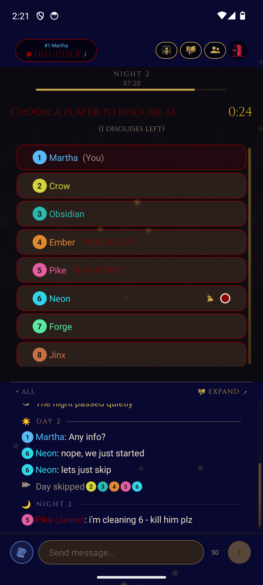Online game - night phase with disguise target selection and chat