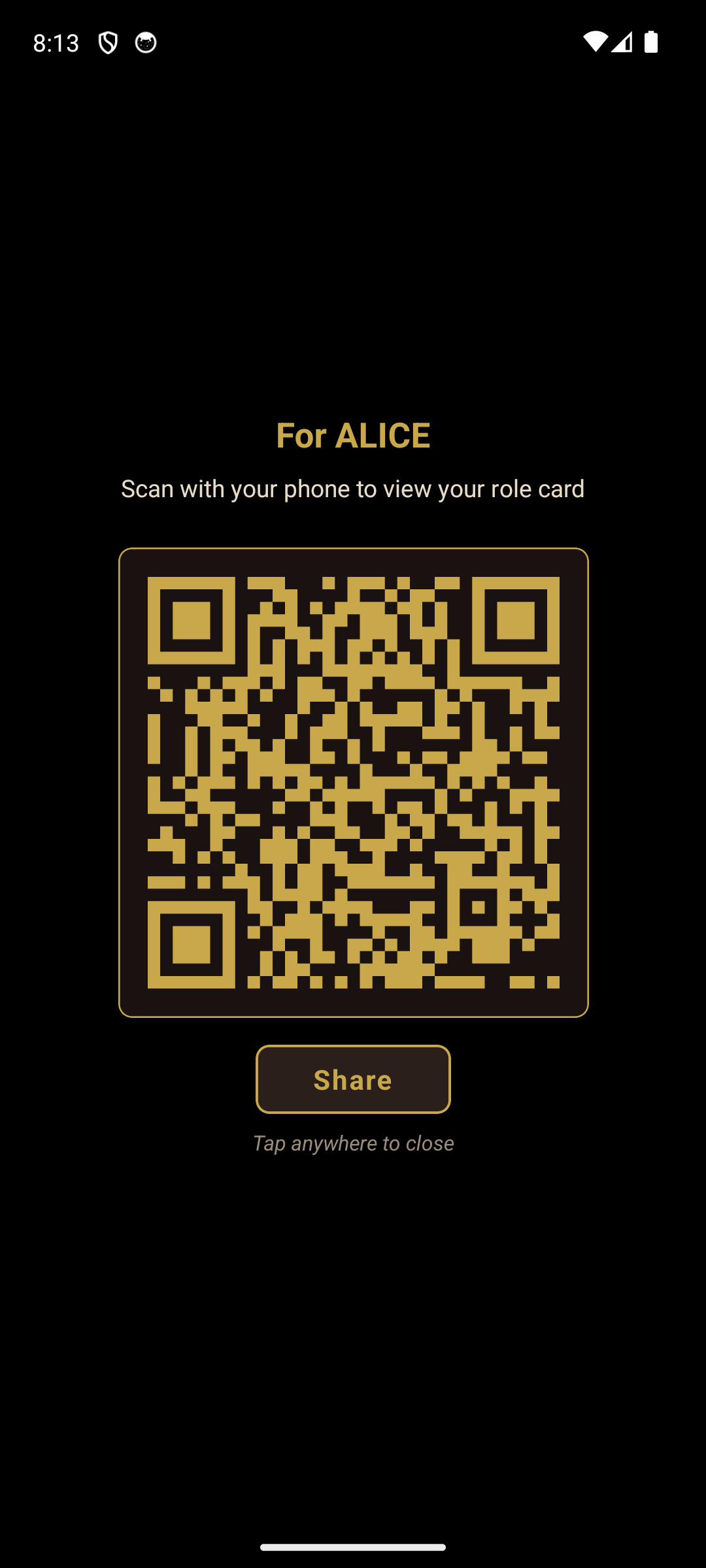 Ceremony role card - shows player their role with an optional QR button at the bottom