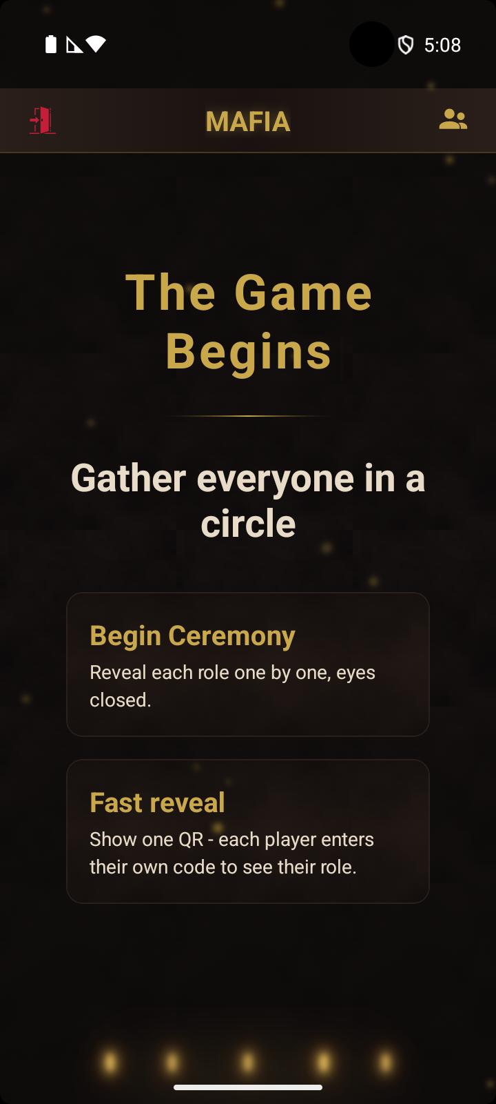 Moderator screen - choose between Begin Ceremony or Fast Reveal