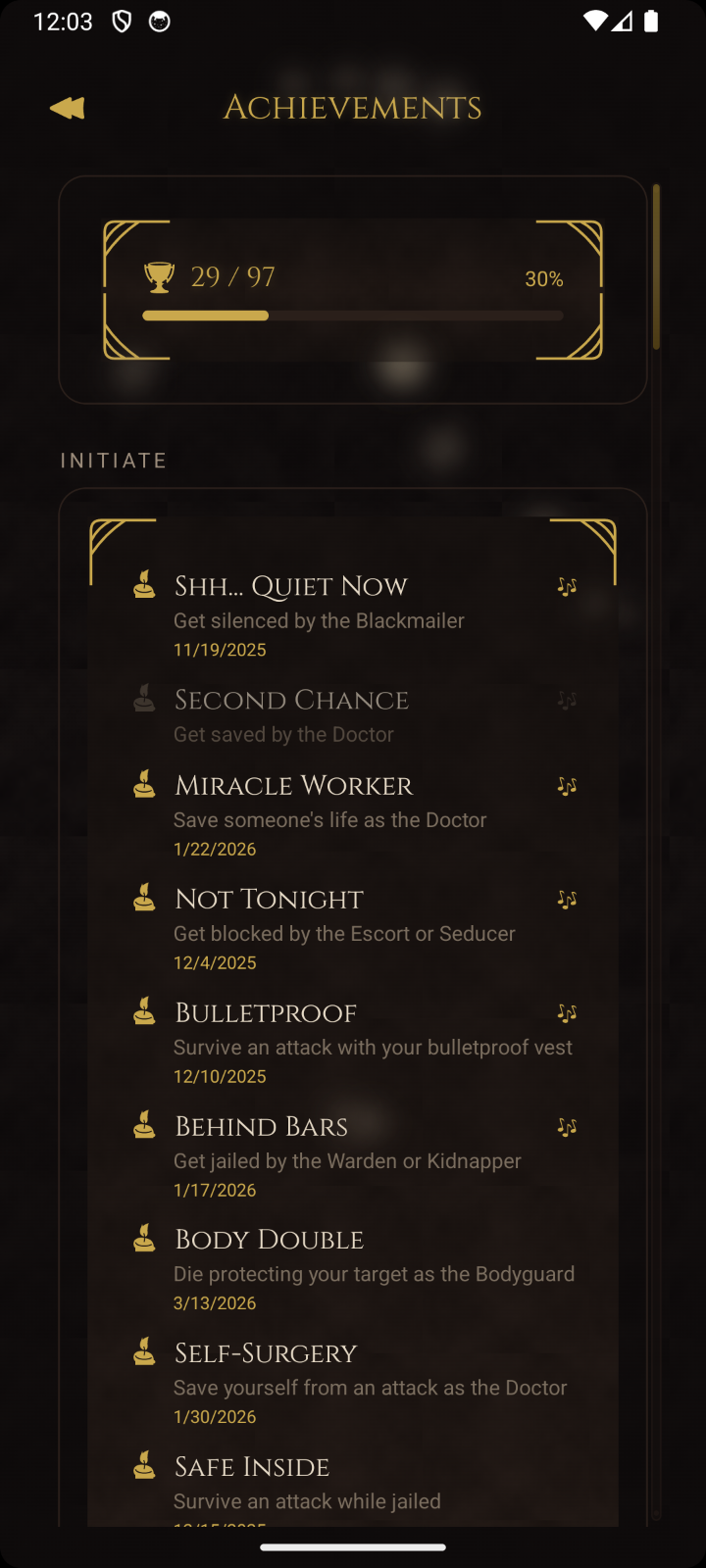 Achievements screen showing unlock progress and recent achievements with dates